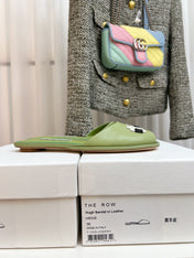 THE ROW 26S PIXEL APPLIQUE MULES IN PISTACHIO GREEN CALFSKIN