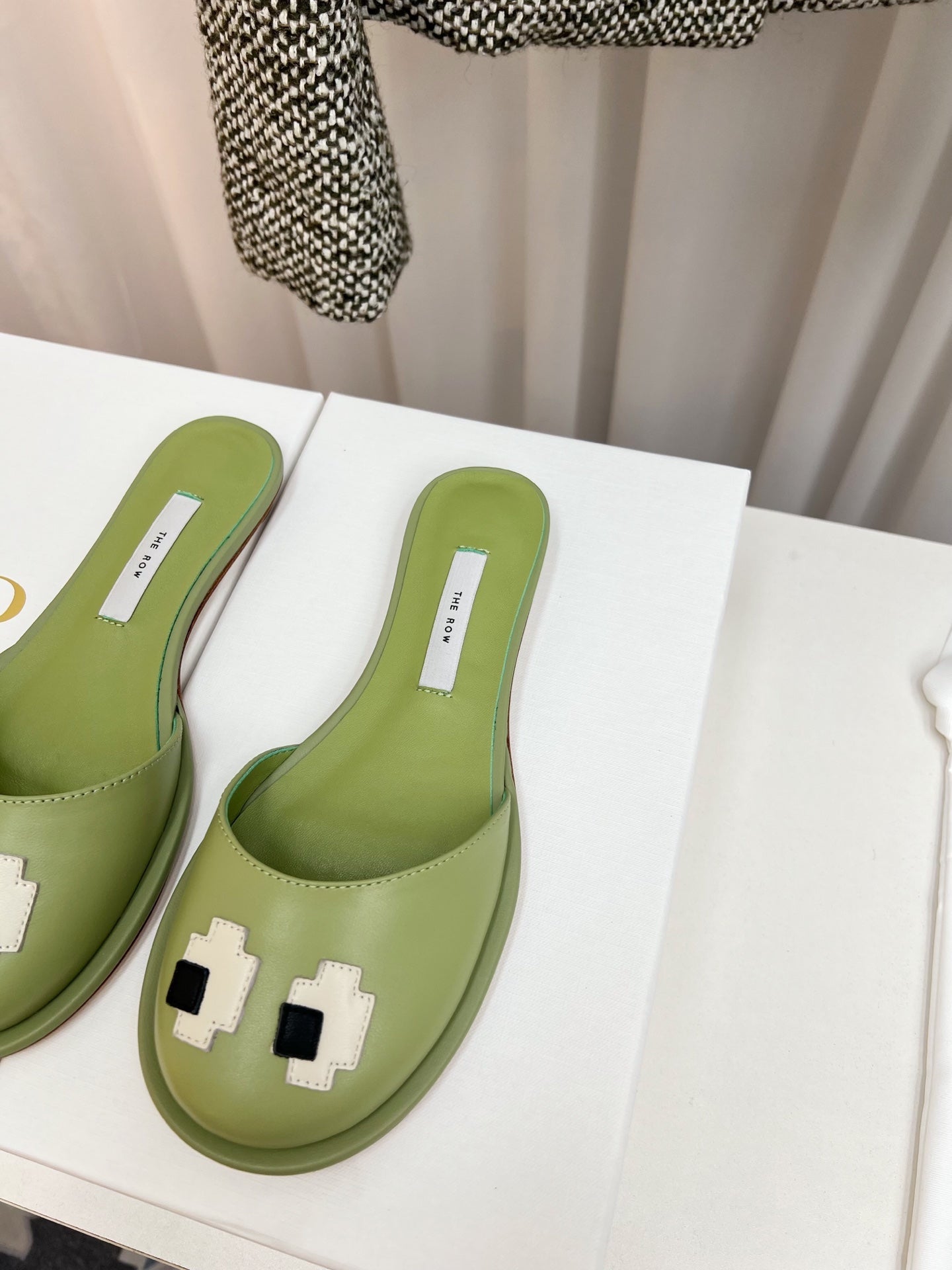 THE ROW 26S PIXEL APPLIQUE MULES IN PISTACHIO GREEN CALFSKIN