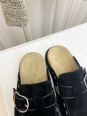THE ROW 26S BUCKLED MULE CLOGS IN BLACK SUEDE