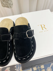 THE ROW 26S BUCKLED MULE CLOGS IN BLACK SUEDE