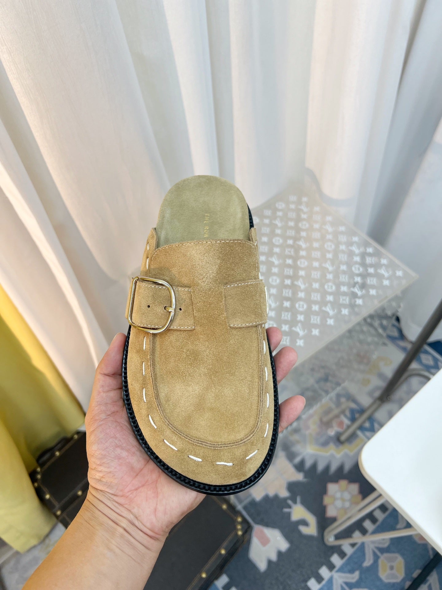 THE ROW 26S BUCKLED MULE CLOGS IN LIGHT BROWN SUEDE