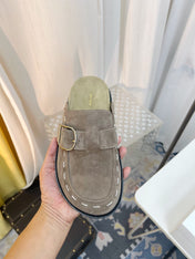 THE ROW 26S BUCKLED MULE CLOGS IN TAUPE BROWN SUEDE