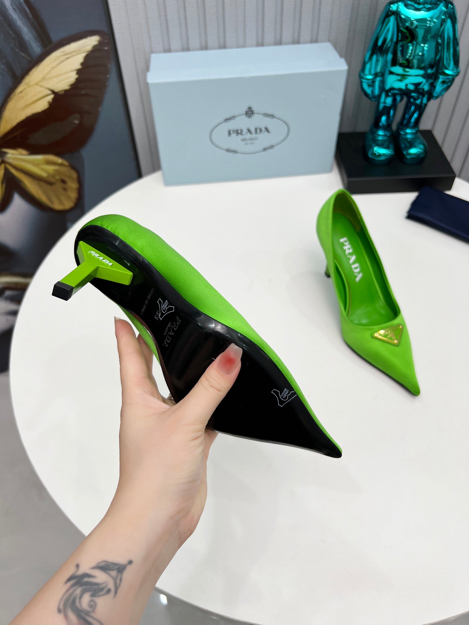 PRADA 26S POINTED TOE PUMPS STILETTO HEEL 80MM IN LIME GREEN SATIN