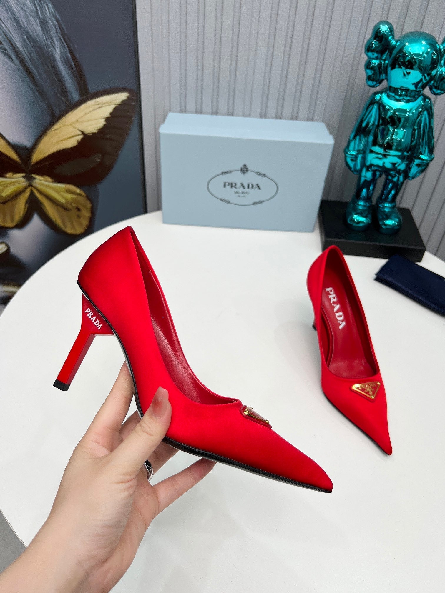 PRADA 26S POINTED TOE PUMPS STILETTO HEEL 80MM IN DARK RED SATIN