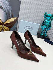 PRADA 26S POINTED TOE PUMPS STILETTO HEEL 80MM IN DARK BROWN SATIN