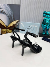 PRADA 26S ANKLE STRAP SANDALS STILETTO HEEL 80MM IN BLACK SATIN
