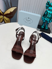 PRADA 26S ANKLE STRAP SANDALS STILETTO HEEL 80MM IN DARK BROWN SATIN
