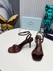 PRADA 26S ANKLE STRAP SANDALS STILETTO HEEL 80MM IN DARK BROWN SATIN