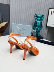 PRADA 26S ANKLE STRAP SANDALS STILETTO HEEL 80MM IN ORANGE SATIN