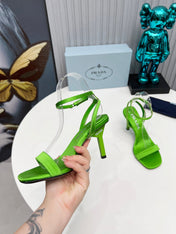 PRADA 26S ANKLE STRAP SANDALS STILETTO HEEL 80MM IN LIME GREEN SATIN