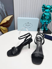 PRADA 26S ANKLE STRAP SANDALS STILETTO HEEL 80MM IN BLACK CALFSKIN