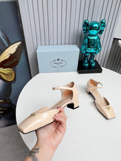 PRADA 26S ANKLE STRAP PUMPS 40MM IN NUDE BEIGE PATENT CALFSKIN TRIANGLE LOGO