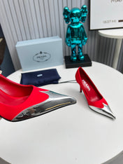 HIGH POINTED-TOE PUMPS IN RED MIX SILVER SATIN