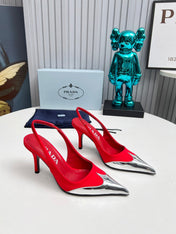 HIGH SLING BACK PUMPS IN SILVER MIX RED SATIN
