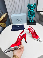 HIGH SLING BACK PUMPS IN SILVER MIX RED SATIN