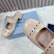 PRADA 26S SQUARE TOE STUDDED SLINGBACK BLOCK HEEL 40MM IN BEIGE PATENT CALFSKIN