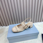 PRADA 26S SQUARE TOE STUDDED SLINGBACK BLOCK HEEL 40MM IN BEIGE PATENT CALFSKIN