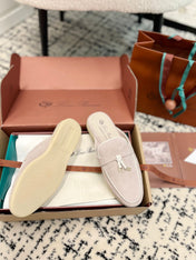 Loro Piana Light Grey White Suede Charms Walk Flat Mules