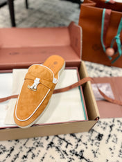 Loro Piana Salmon White Suede Charms Walk Flat Mules