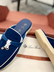 Loro Piana Dark Blue White Suede Charms Walk Flat Mules