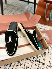Loro Piana Black White Suede Charms Walk Flat Mules