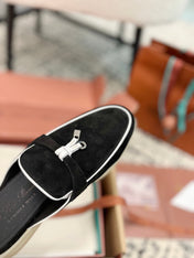 Loro Piana Black White Suede Charms Walk Flat Mules