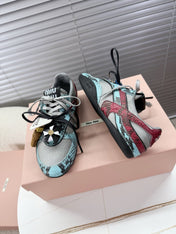 MIUMIU 26S GYMNASIUM SNEAKER IN SILVER FABRIC AND TURQUOISE BLUE SNAKE EFFECT CALFSKIN