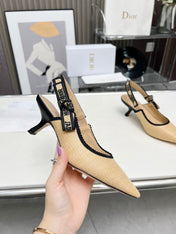 J'ADIOR SLINGBACK PUMP NATURAL RAFFIA AND BLACK EMBROIDERED COTTON 65 MM