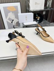 J'ADIOR SLINGBACK PUMP NATURAL RAFFIA AND BLACK EMBROIDERED COTTON 65 MM