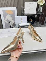 J'ADIOR SLINGBACK PUMP LIGHT GOLD CALFSKIN AND EMBROIDERED FABRIC 10 CM