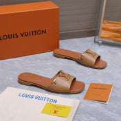 LV 26S FLAT SLIDE SANDALS IN ORANGE BROWN CALFSKIN GOLD HARDWARE