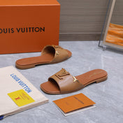 LV 26S FLAT SLIDE SANDALS IN ORANGE BROWN CALFSKIN GOLD HARDWARE