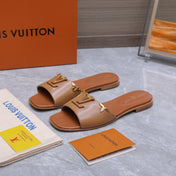 LV 26S FLAT SLIDE SANDALS IN ORANGE BROWN CALFSKIN GOLD HARDWARE