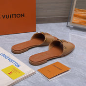 LV 26S FLAT SLIDE SANDALS IN ORANGE BROWN CALFSKIN GOLD HARDWARE