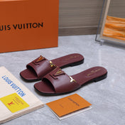 LV 26S FLAT SLIDE SANDALS IN WINE RED CALFSKIN GOLD HARDWARE