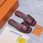 LV 26S FLAT SLIDE SANDALS IN WINE RED CALFSKIN GOLD HARDWARE