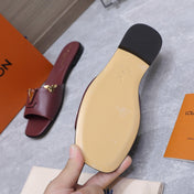LV 26S FLAT SLIDE SANDALS IN WINE RED CALFSKIN GOLD HARDWARE