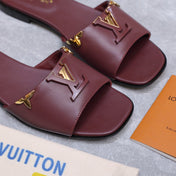 LV 26S FLAT SLIDE SANDALS IN WINE RED CALFSKIN GOLD HARDWARE