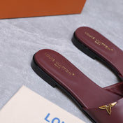 LV 26S FLAT SLIDE SANDALS IN WINE RED CALFSKIN GOLD HARDWARE