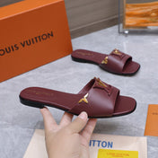 LV 26S FLAT SLIDE SANDALS IN WINE RED CALFSKIN GOLD HARDWARE