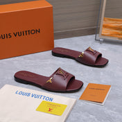 LV 26S FLAT SLIDE SANDALS IN WINE RED CALFSKIN GOLD HARDWARE