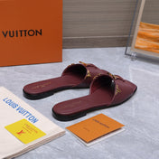 LV 26S FLAT SLIDE SANDALS IN WINE RED CALFSKIN GOLD HARDWARE