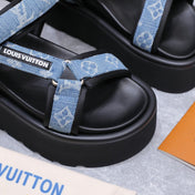 LV 26S CHAMELEON PLATFORM SANDALS 60MM IN BLUE MONOGRAM DENIM AND EVA