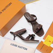 LV 26S SLIDE HEELS 40MM IN DARK BROWN SATIN WITH BOW