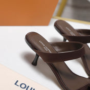 LV 26S SLIDE HEELS 40MM IN DARK BROWN SATIN WITH BOW