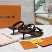 LV 26S SLIDE HEELS 40MM IN DARK BROWN SATIN WITH BOW