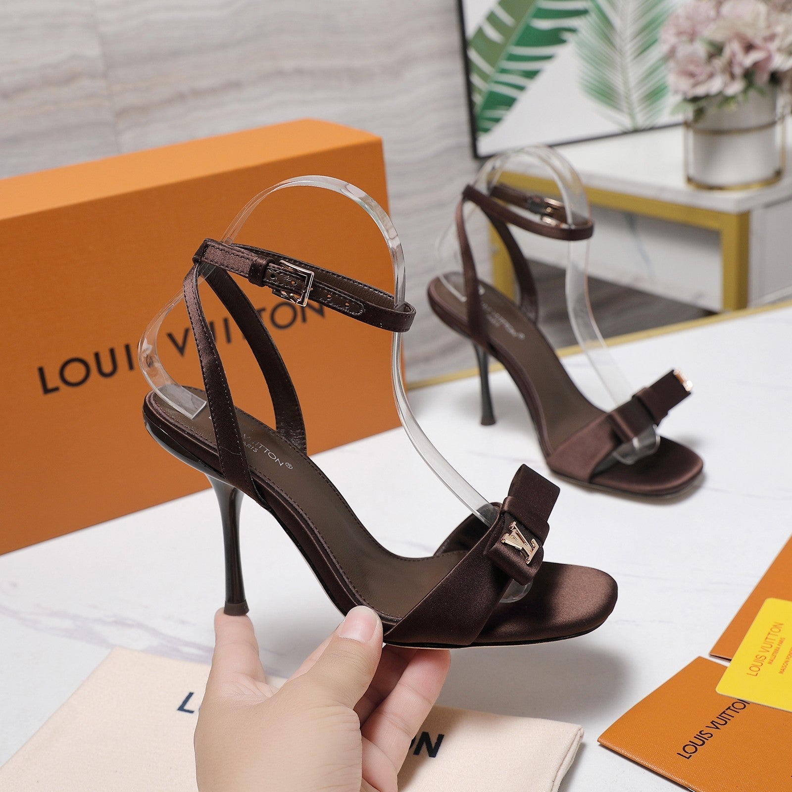 LV 26S 6AM SANDALS 90MM IN DARK BROWN SATIN WITH BOW