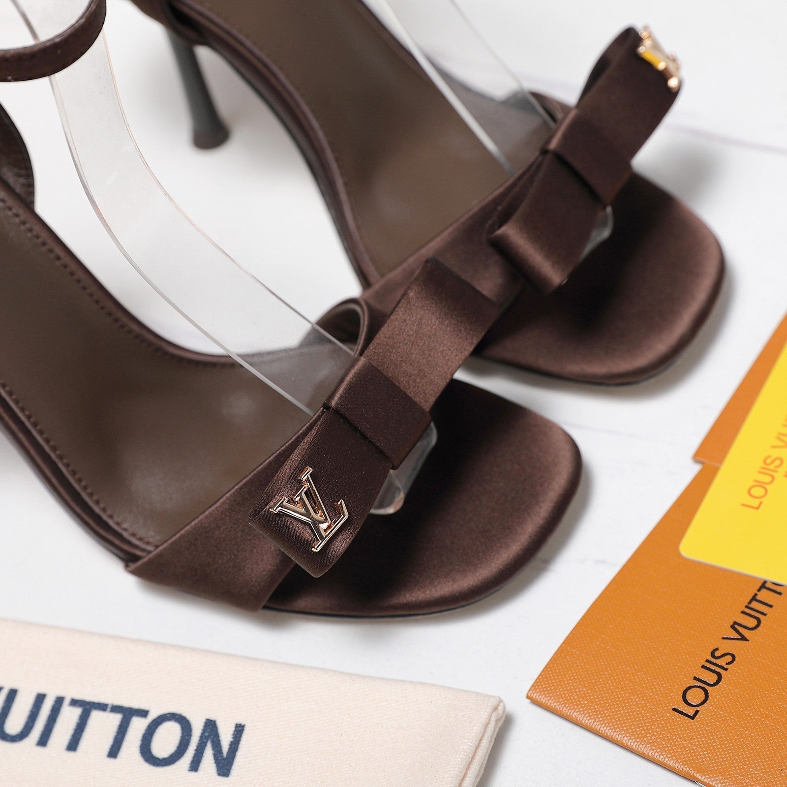 LV 26S 6AM SANDALS 90MM IN DARK BROWN SATIN WITH BOW
