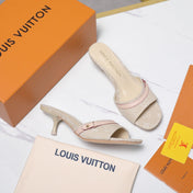 LV 26S HIGH HEELED MULES 55MM IN BEIGE EMBROIDERED MONOGRAM CANVAS