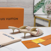 LV 26S HIGH HEELED MULES 55MM IN BEIGE EMBROIDERED MONOGRAM CANVAS